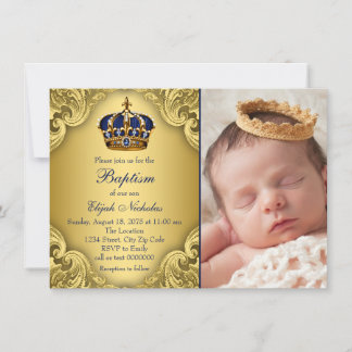 Royal Blue Gold Prince Crown Taufe Einladung