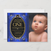 Royal Blue Gold Prince Foto Erster Geburtstag Einladung (Vorderseite)