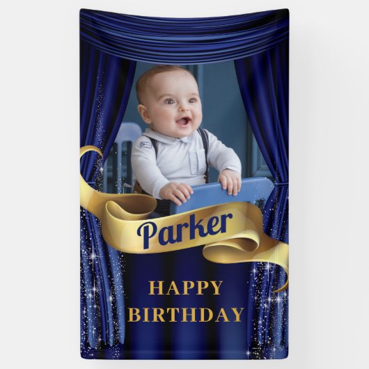 Royal Blue Gold Prince Foto Happy Birthday Banner (Vertikal)