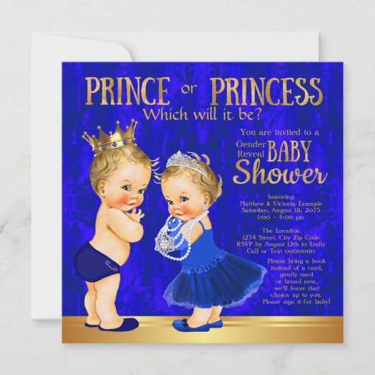 Royal Blue Gold Prince oder Princess Gender Reveal Einladung (Vorderseite)