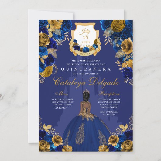 Royal Blue & Gold Princess Castle Quinceañera Einladung (Vorderseite)
