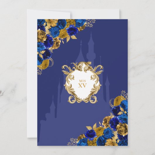 Royal Blue & Gold Princess Castle Quinceañera Einladung (Rückseite)