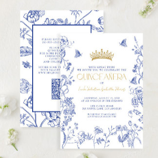 Royal Blue Gold QR Floral Butterfly Quinceañera Einladung
