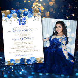 Royal Blue Gold Quinceañera Balloon Foto Einladung