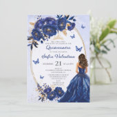 Royal Blue & Gold Quinceañera Einladung (Stehend Vorderseite)