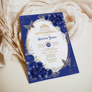 Royal Blue Gold Quinceañera Floral Butterfly Tiara Einladung