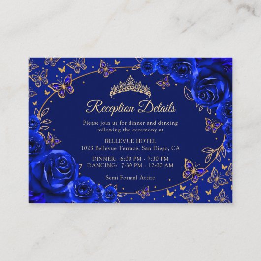 Royal Blue Gold Quinceanera Reception Details Begleitkarte (Vorderseite)