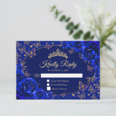 Royal Blue Gold Quinceanera Reply RSVP Karte (Stehend Vorderseite)