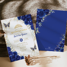 Royal Blue Gold Quinceñera Butterfly Geometric Einladung