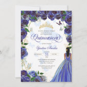 Royal Blue Gold Rose Elegante Butterfly Quinceaner Einladung (Vorderseite)