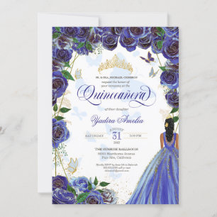 Royal Blue Gold Rose Elegante Butterfly Quinceaner Einladung