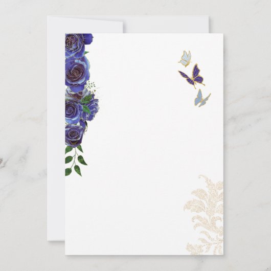 Royal Blue Gold Rose Elegante Butterfly Quinceaner Einladung (Rückseite)