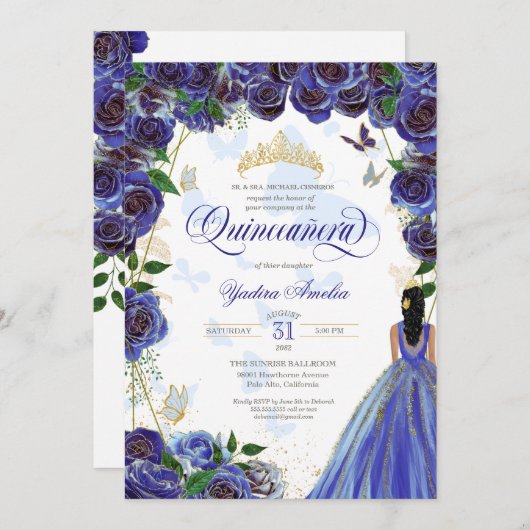 Royal Blue Gold Rose Elegante Butterfly Quinceaner Einladung (Vorne/Hinten)
