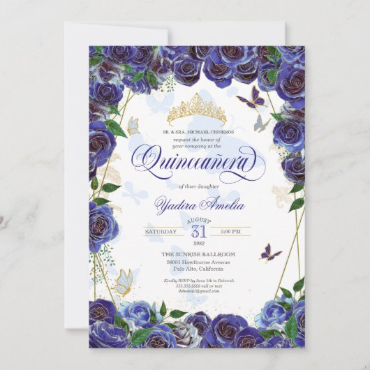 Royal Blue Gold Rose Elegante Butterfly Quinceaner Einladung (Vorderseite)