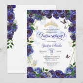 Royal Blue Gold Rose Elegante Butterfly Quinceaner Einladung (Vorne/Hinten)