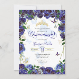 Royal Blue Gold Rose Elegante Butterfly Quinceaner Einladung