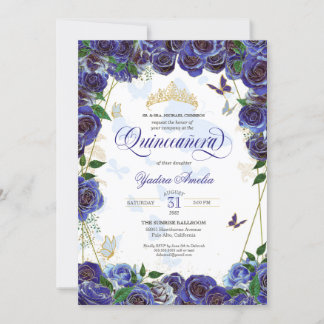 Royal Blue Gold Rose Elegante Butterfly Quinceaner Einladung
