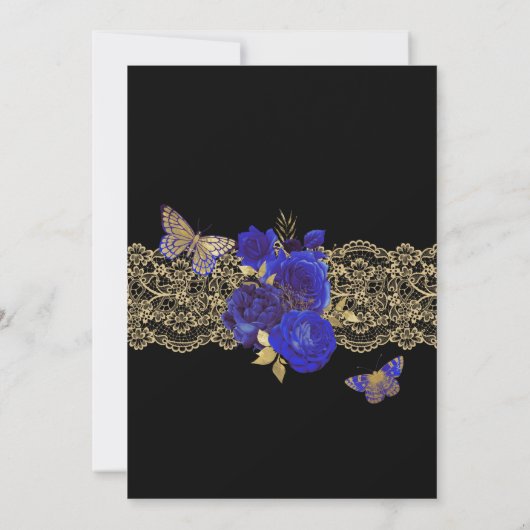 Royal Blue & Gold Rose Lace Butterfly Quinceañera Einladung (Rückseite)
