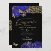 Royal Blue & Gold Rose Lace Butterfly Quinceañera Einladung (Vorne/Hinten)