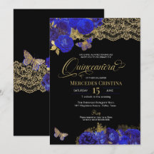 Royal Blue & Gold Rose Lace Butterfly Quinceañera