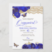 Royal Blue & Gold Rose Lace Butterfly Quinceañera Einladung (Vorderseite)