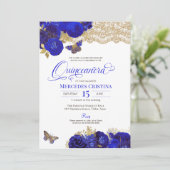 Royal Blue & Gold Rose Lace Butterfly Quinceañera Einladung (Stehend Vorderseite)