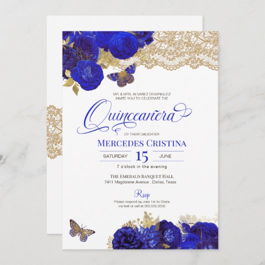 Royal Blue & Gold Rose Lace Butterfly Quinceañera Einladung (Vorne/Hinten)