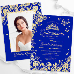 Royal Blue Gold Rose Quinceanera Foto Einladung