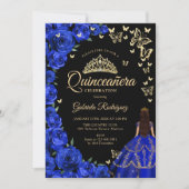 Royal Blue Gold Rose Schmetterlinge Quinceanera Einladung (Vorderseite)