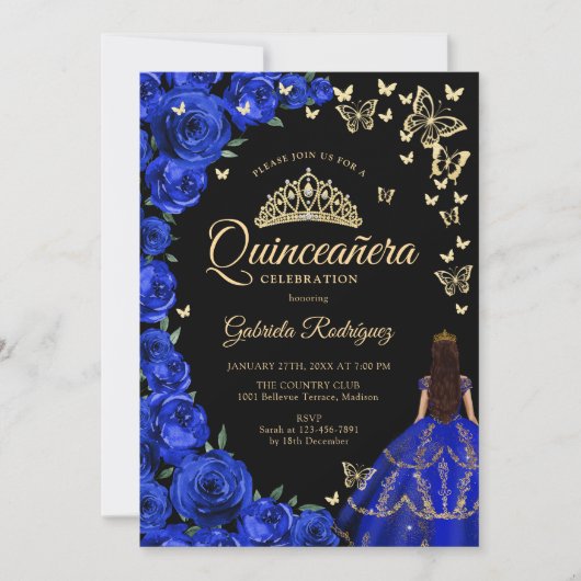 Royal Blue Gold Rose Schmetterlinge Quinceanera Einladung (Vorderseite)