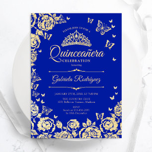 Royal Blue Gold Rose Schmetterlinge Quinceanera Einladung
