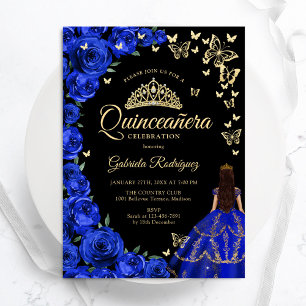 Royal Blue Gold Rose Schmetterlinge Quinceanera Einladung