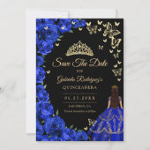 Royal Blue Gold Rose Schmetterlinge Quinceanera Save The Date (Vorderseite)