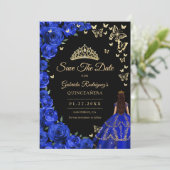 Royal Blue Gold Rose Schmetterlinge Quinceanera Save The Date (Stehend Vorderseite)
