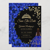 Royal Blue Gold Rose Schmetterlinge Quinceanera Save The Date (Vorne/Hinten)
