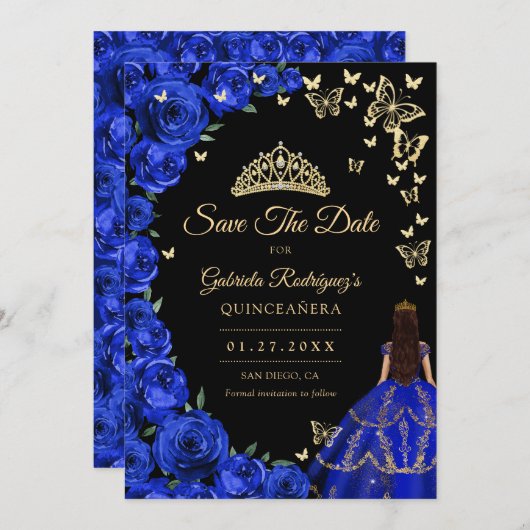 Royal Blue Gold Rose Schmetterlinge Quinceanera Save The Date (Vorne/Hinten)