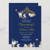 Royal Blue Gold Rose Tiara Butterfly Quinceañera Einladung (Vorne/Hinten)