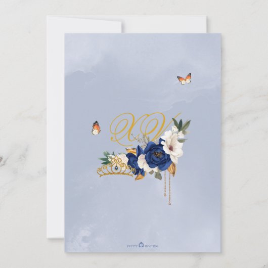Royal Blue Gold Rose Tiara Butterfly Quinceañera Einladung (Rückseite)