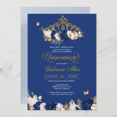 Royal Blue Gold Rose Tiara Butterfly Quinceañera Einladung (Vorne/Hinten)