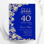 Royal Blue Gold Rose Überraschung 40. Geburtstag Einladung<br><div class="desc">Royal Blue Gold Floral Überraschung 40. Geburtstag Party Einladung. Elegantes Design mit Rose,  Imitaten Goldfolie und Typografie Script Schriftart. Die trendige Einladungskarte eignet sich perfekt für eine stilvolle Damenfeier. Kann für jedes Alter angepasst werden. Gedruckte Zazzle-Einladungen oder Sofortdownload digitaler Druckvorlage.</div>