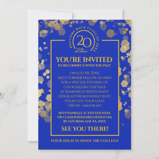Royal Blue & Gold School Class Wiedersehen Einladung (Vorderseite)