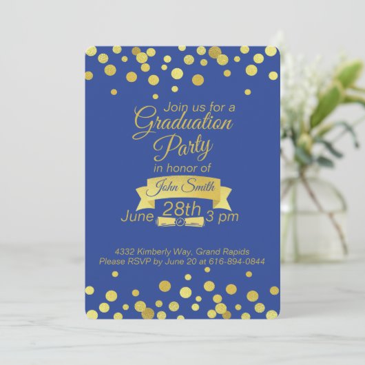 Royal Blue Gold Script Abschluss Einladungskarte Einladung (Stehend Vorderseite)