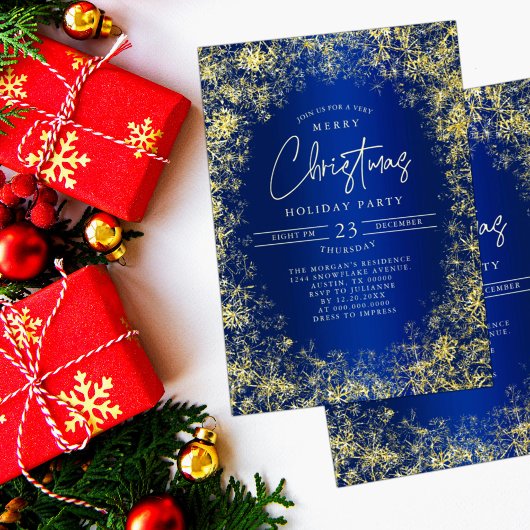 Royal Blue Gold Snowflakes Weihnachtsfeier Einladung
