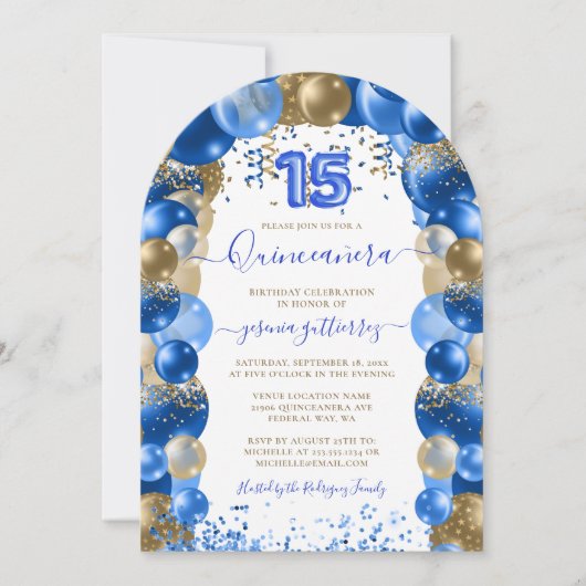 Royal Blue Gold Sparkle Quinceañera Balloon Einladung (Vorderseite)