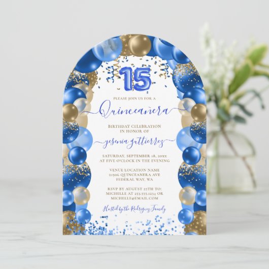 Royal Blue Gold Sparkle Quinceañera Balloon Einladung (Stehend Vorderseite)