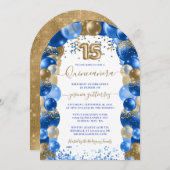 Royal Blue Gold Sparkle Quinceañera Balloon Einladung (Vorne/Hinten)