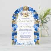 Royal Blue Gold Sparkle Quinceañera Balloon Einladung (Stehend Vorderseite)