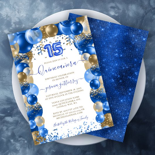 Royal Blue Gold Sparkle Quinceañera Balloon Einladung