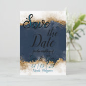 Royal Blue & Gold Stardust Save the Date Card Einladung (Stehend Vorderseite)