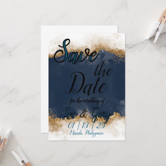Royal Blue & Gold Stardust Save the Date Card Einladung (Vorderseite/Rückseite Beispiel)